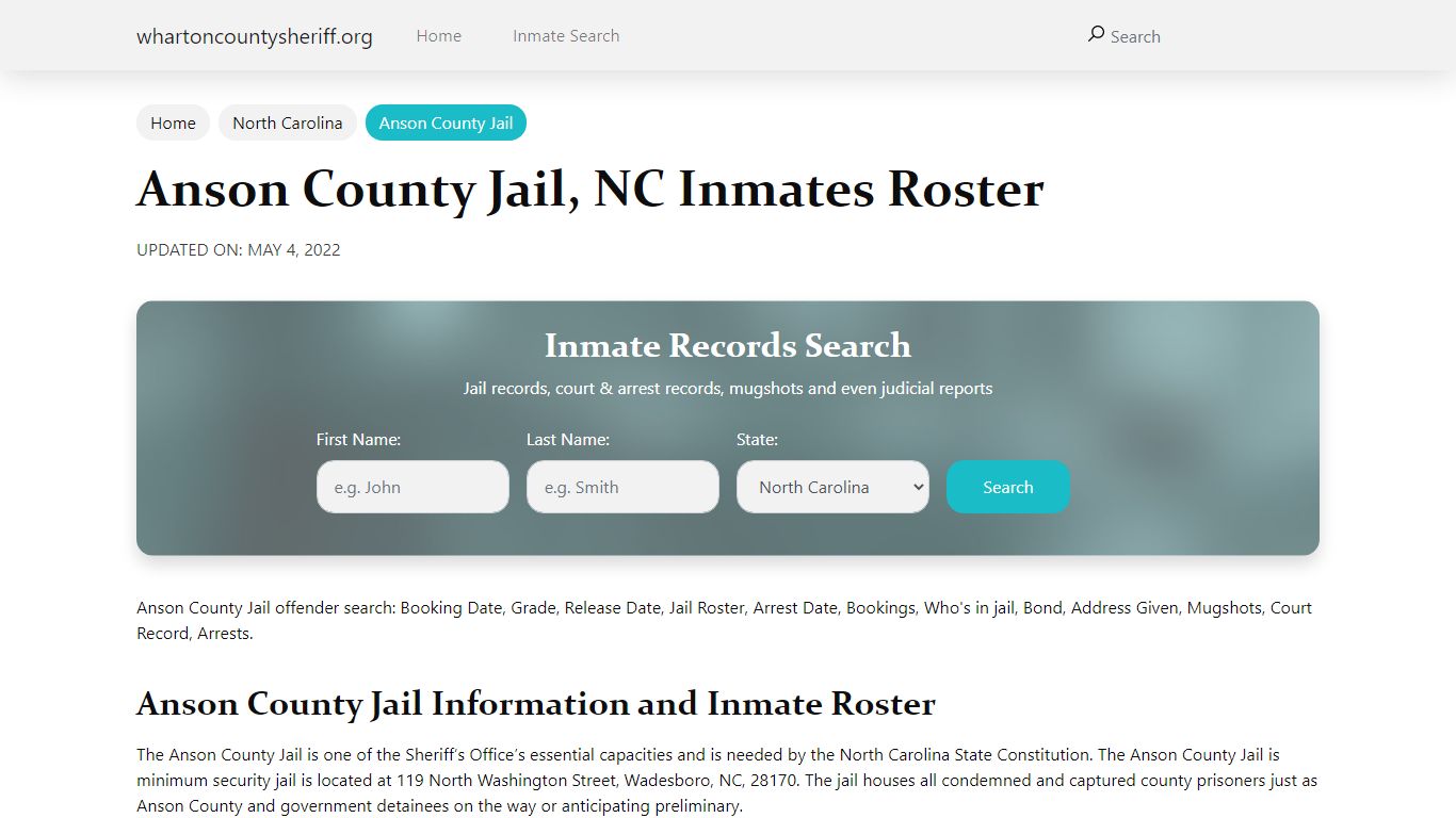 Anson County Jail, NC Jail Roster, Name Search